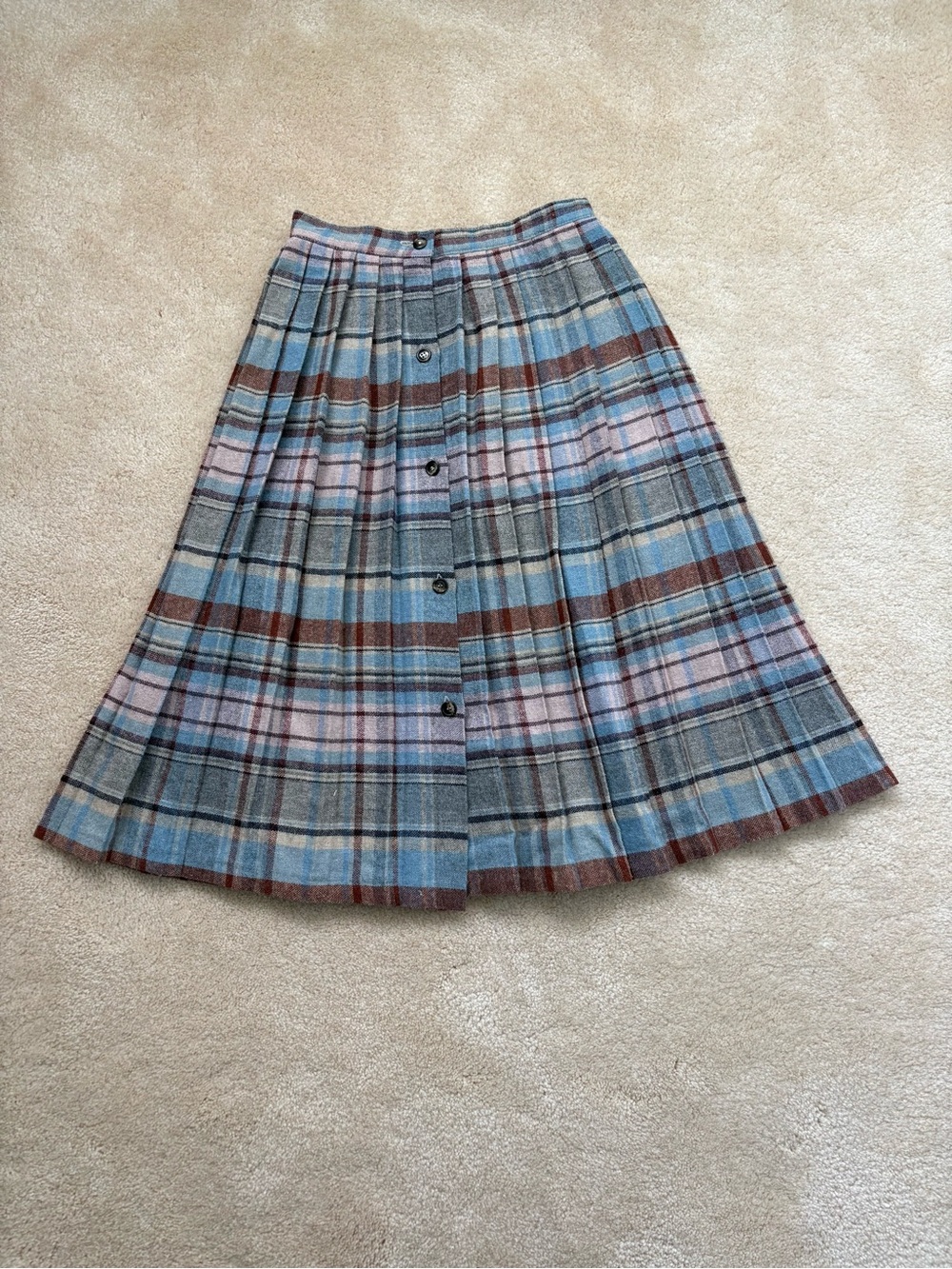 Vintage preppy blue brown pleated plaid wool blend button up modest skirt sz 25